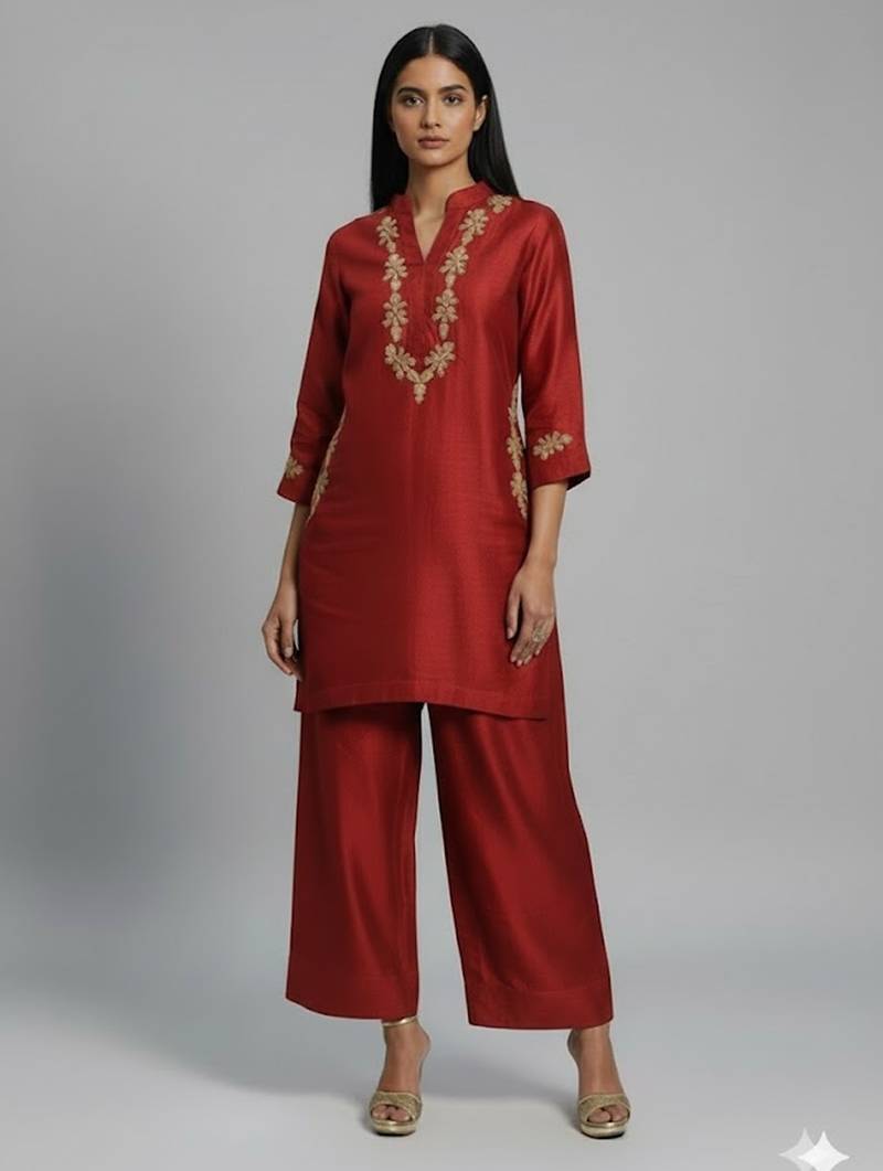 Red silk embroidered kurta set