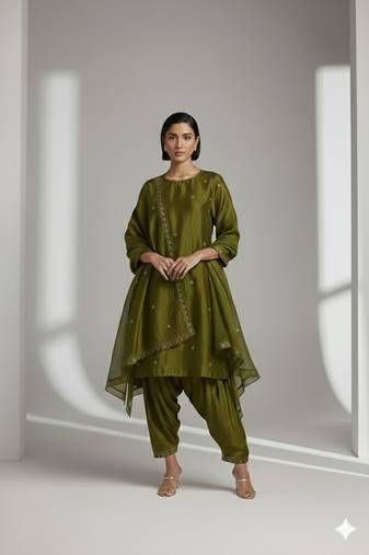 Green chanderi embroidered kurta set