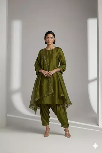 Green chanderi embroidered kurta set