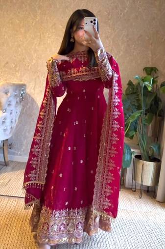 Rani-pink anarkali suit with embroidered sequins work