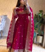Rani-pink anarkali suit with embroidered sequins work