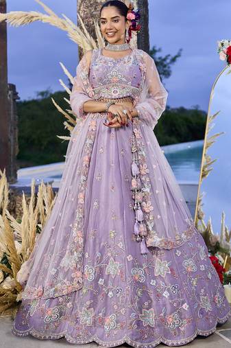 Lilac Net embroidered Lehenga Choli with dupatta