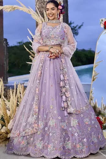 Lilac Net embroidered Lehenga Choli with dupatta