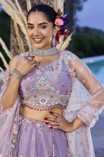 Lilac Net embroidered Lehenga Choli with dupatta