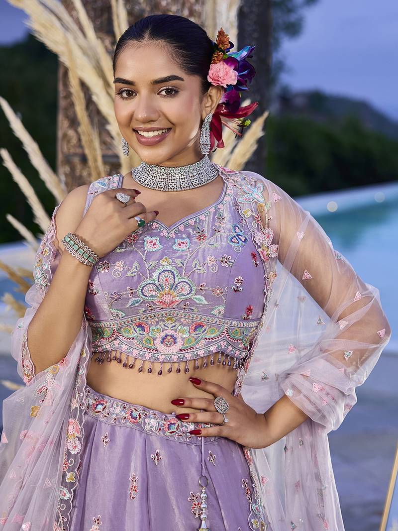 Lilac Net embroidered Lehenga Choli with dupatta