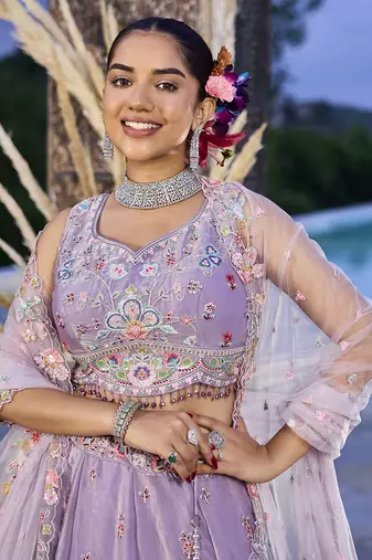 Lilac Net embroidered Lehenga Choli with dupatta