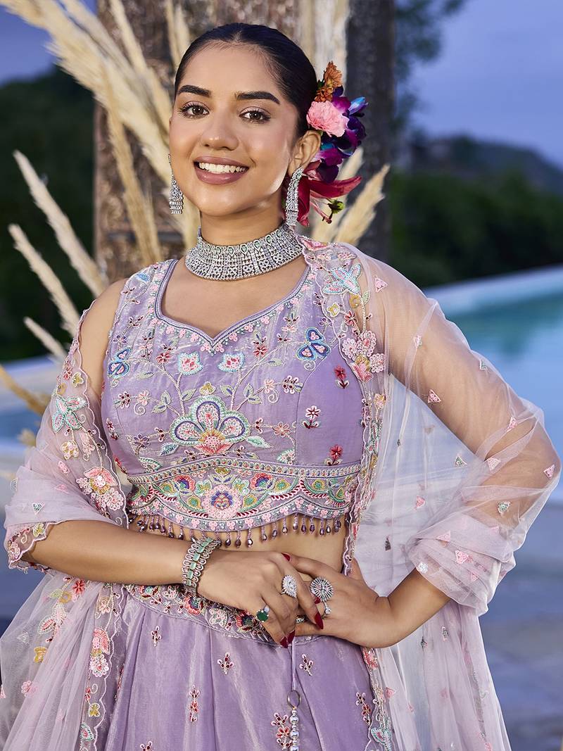 Lilac Net embroidered Lehenga Choli with dupatta