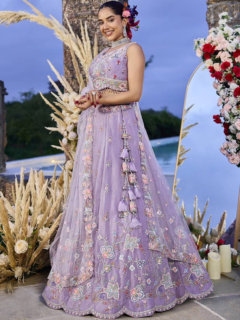 Lilac Net embroidered Lehenga Choli with dupatta