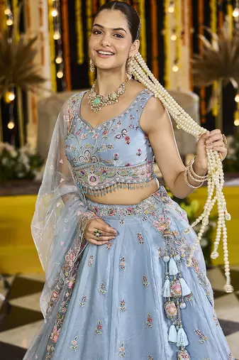 Sky Blue Net embroidered Lehenga Choli with dupatta