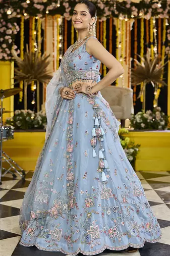 Sky Blue Net embroidered Lehenga Choli with dupatta