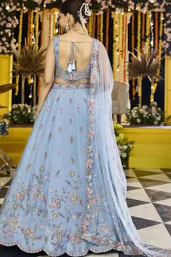 Sky Blue Net embroidered Lehenga Choli with dupatta