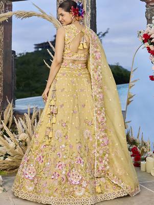Yellow Embroidered Designer Lehenga choli set with sweetheart neckline 3