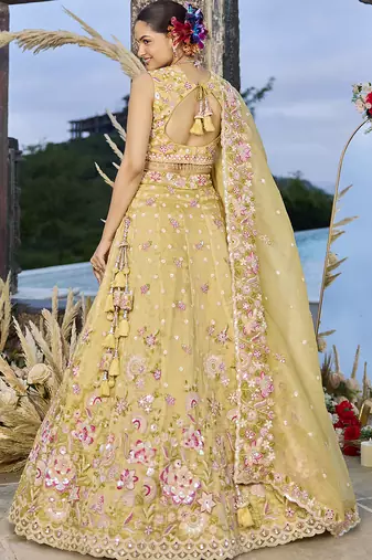 Yellow Embroidered Designer Lehenga choli set with sweetheart neckline