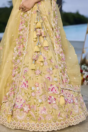 Yellow Embroidered Designer Lehenga choli set with sweetheart neckline