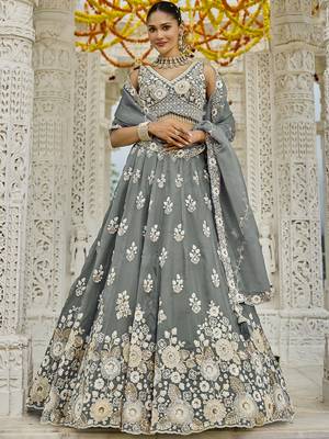 Gray Floral embroidered Lehenga Set with dupatta 1