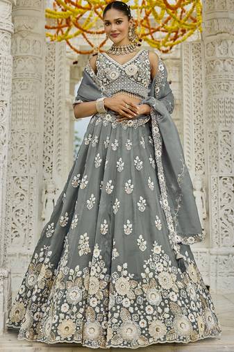 Gray Floral embroidered Lehenga Set with dupatta