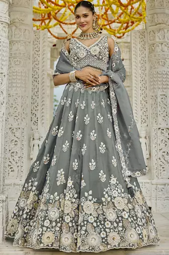 Gray Floral embroidered Lehenga Set with dupatta