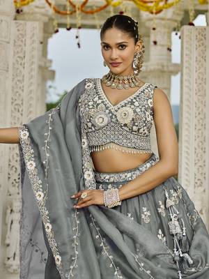 Gray Floral embroidered Lehenga Set with dupatta 5