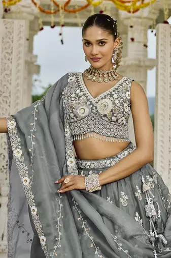 Gray Floral embroidered Lehenga Set with dupatta