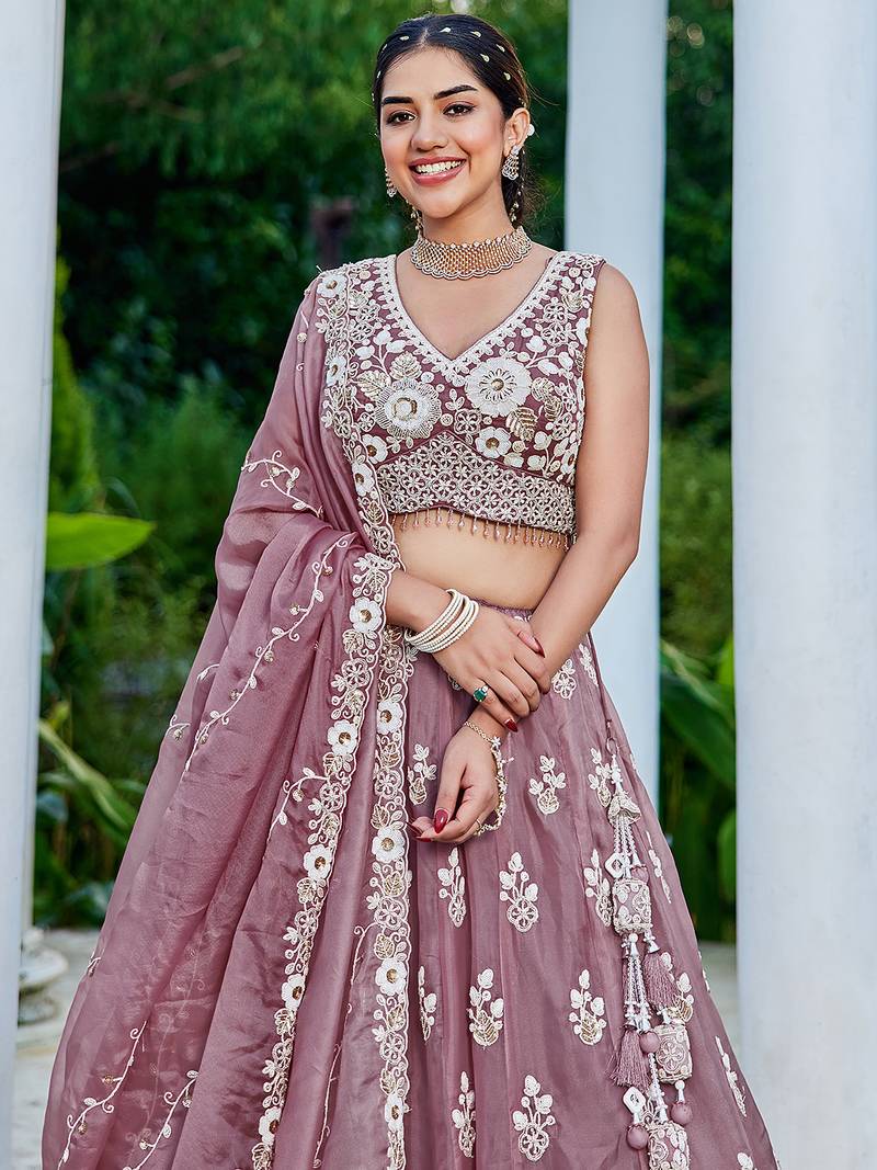 Lavender Net embroidered Lehenga Choli with dupatta