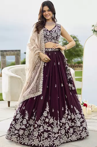Wine Silk Blend Lehenga Choli