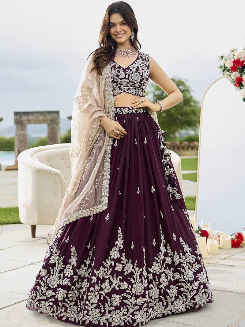 Wine Silk Blend Lehenga Choli