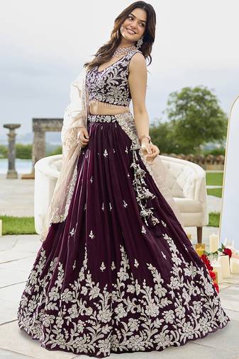 Wine Silk Blend Lehenga Choli