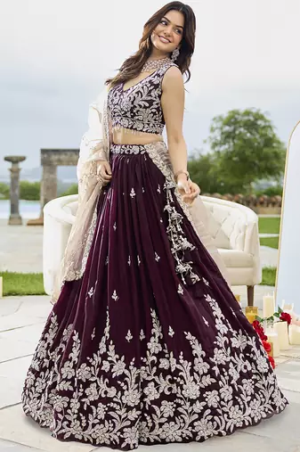 Wine Silk Blend Lehenga Choli