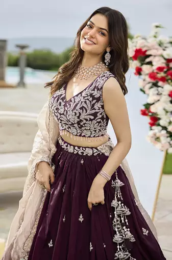 Wine Silk Blend Lehenga Choli