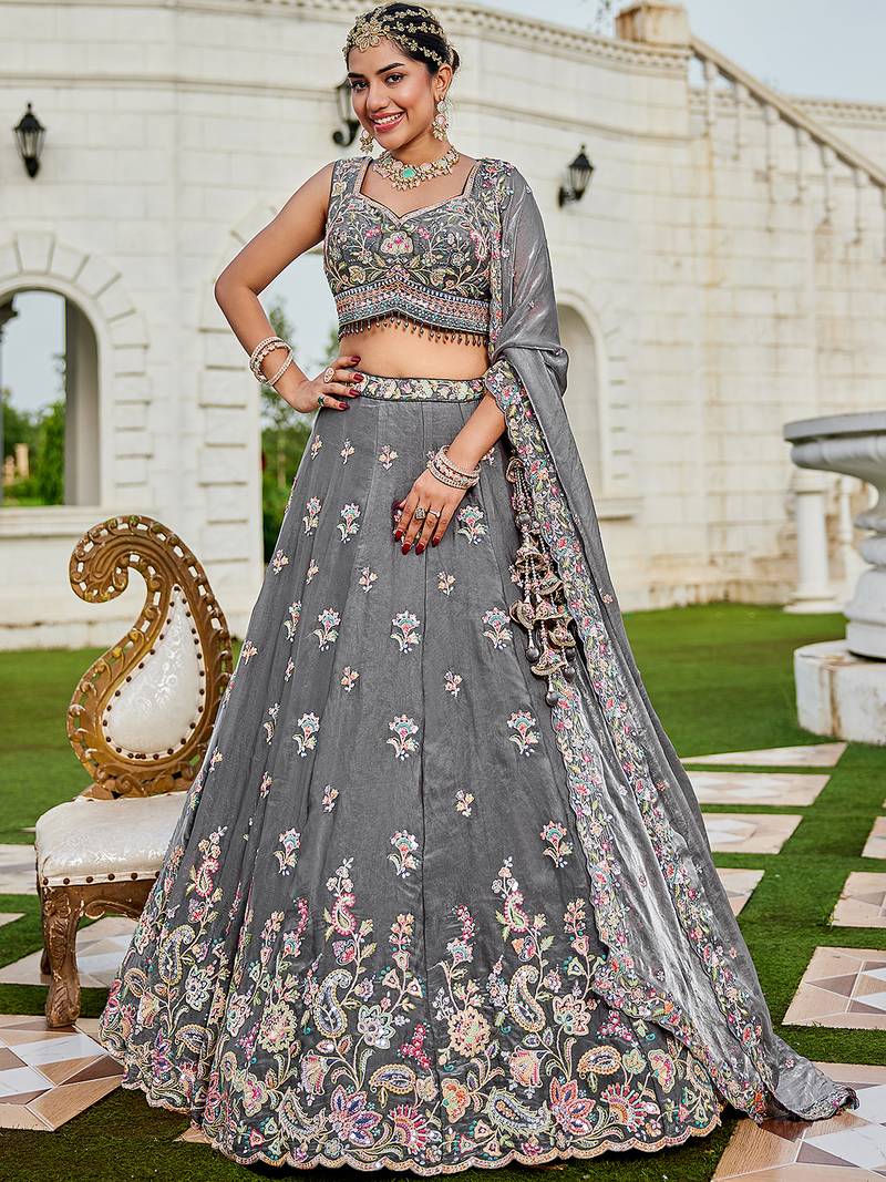 Grey Floral Embellished Lehenga