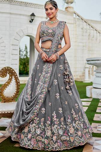Grey Floral Embellished Lehenga