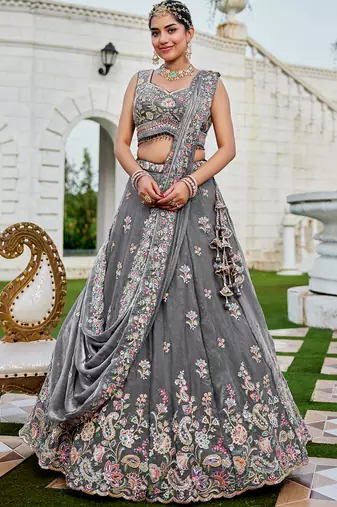 Grey Floral Embellished Lehenga