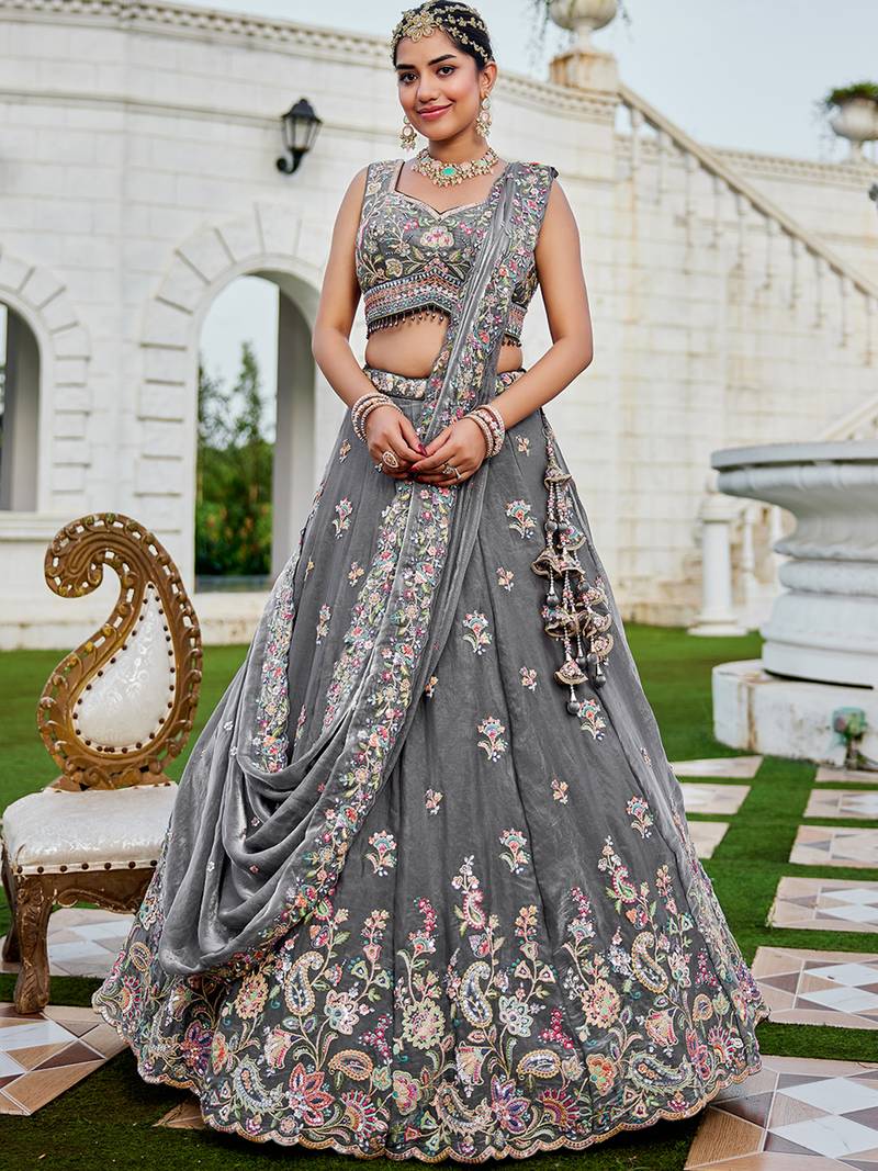 Grey Floral Embellished Lehenga