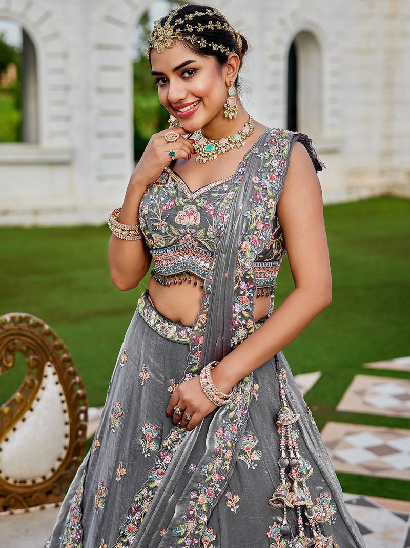 Grey Floral Embellished Lehenga