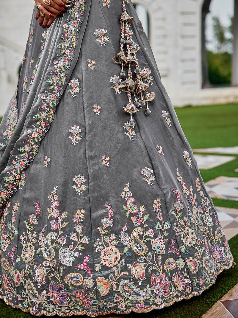 Grey Floral Embellished Lehenga