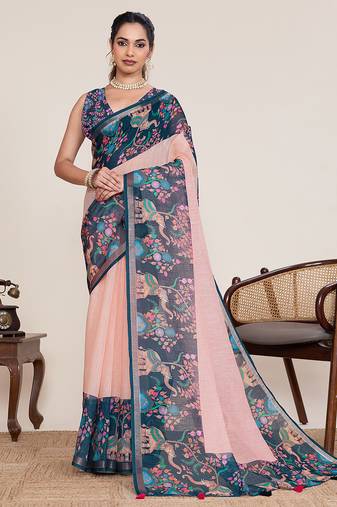 Peach floral printed linen saree with elephant animal print border ethnic wear for women with unstiched blouse piece