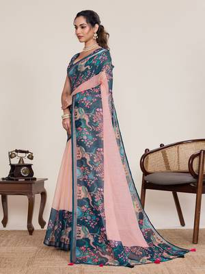 Peach floral printed linen saree with elephant animal print border ethnic wear for women with blouse piece 2