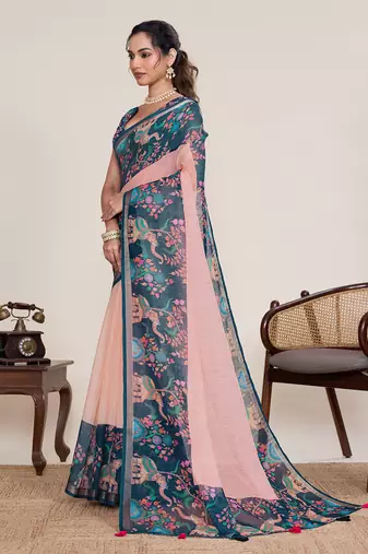 Peach floral printed linen saree with elephant animal print border ethnic wear for women with unstiched blouse piece