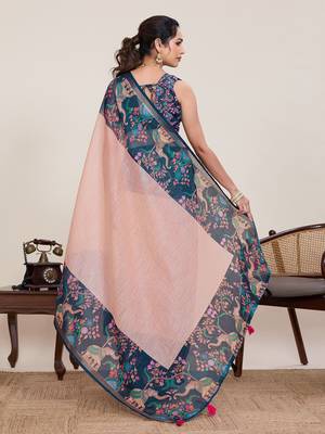 Peach floral printed linen saree with elephant animal print border ethnic wear for women with blouse piece 3