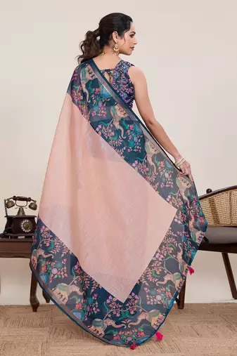 Peach floral printed linen saree with elephant animal print border ethnic wear for women with unstiched blouse piece