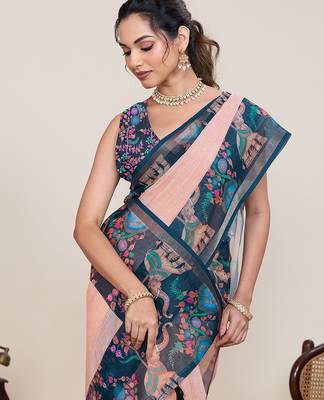 Peach floral printed linen saree with elephant animal print border ethnic wear for women with blouse piece 5