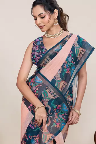 Peach floral printed linen saree with elephant animal print border ethnic wear for women with unstiched blouse piece