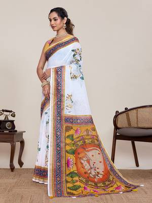 White floral printed linen saree with elephant animal print border ethnic wear for women with blouse piece 2