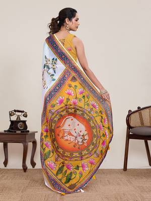 White floral printed linen saree with elephant animal print border ethnic wear for women with blouse piece 3