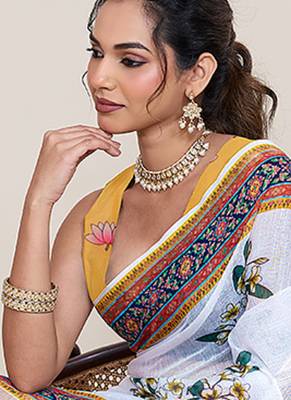 White floral printed linen saree with elephant animal print border ethnic wear for women with blouse piece 4