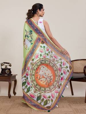 Light green linen saree with animal print wear for women with blouse 3