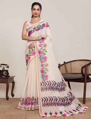 Cream floral printed linen saree with elephant animal print borderethnic wear for women with unstiched blouse piece 1