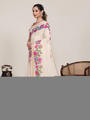 Cream floral printed linen saree with elephant animal print borderethnic wear for women with unstiched blouse piece 2