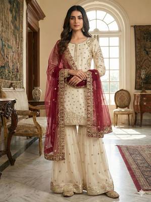 Ivory and maroon sharara set 1