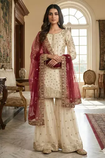 Ivory and maroon sharara set